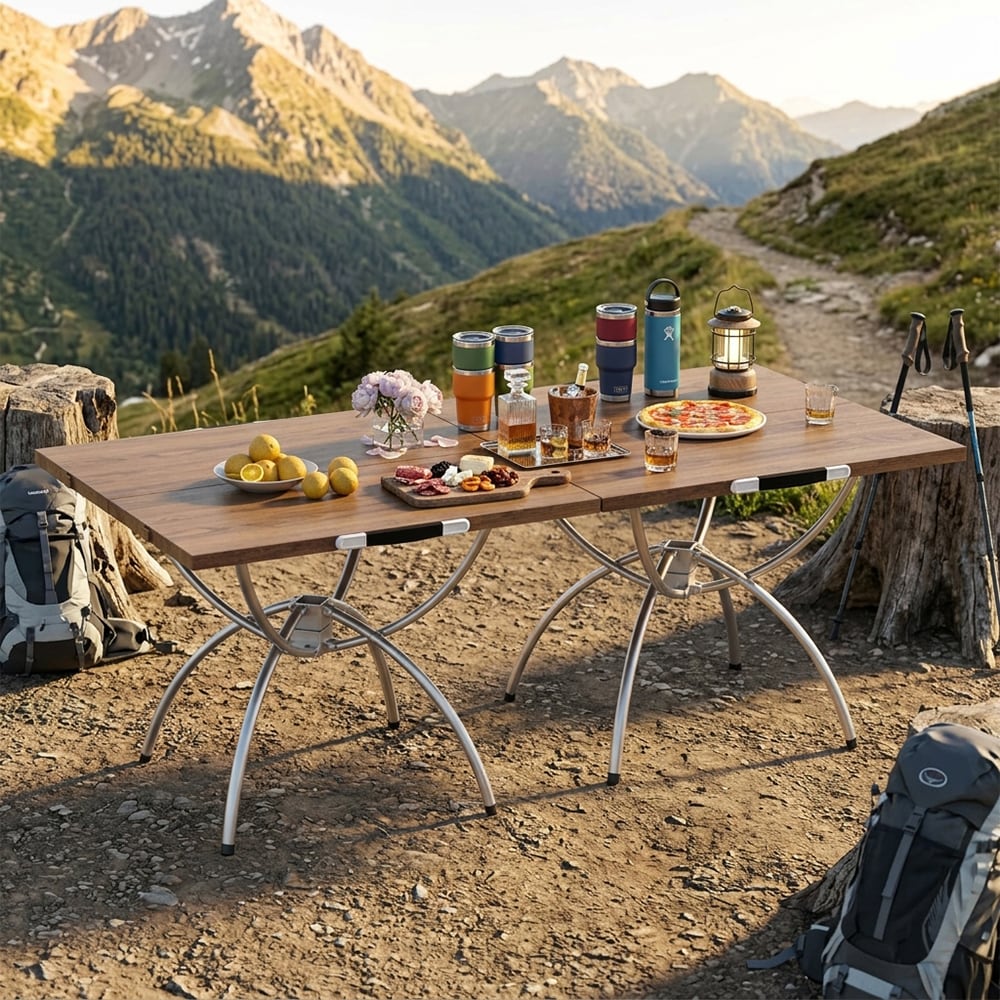 Folding Camping Table Set With Wood Effect For Picnic And Beach_voghion.com